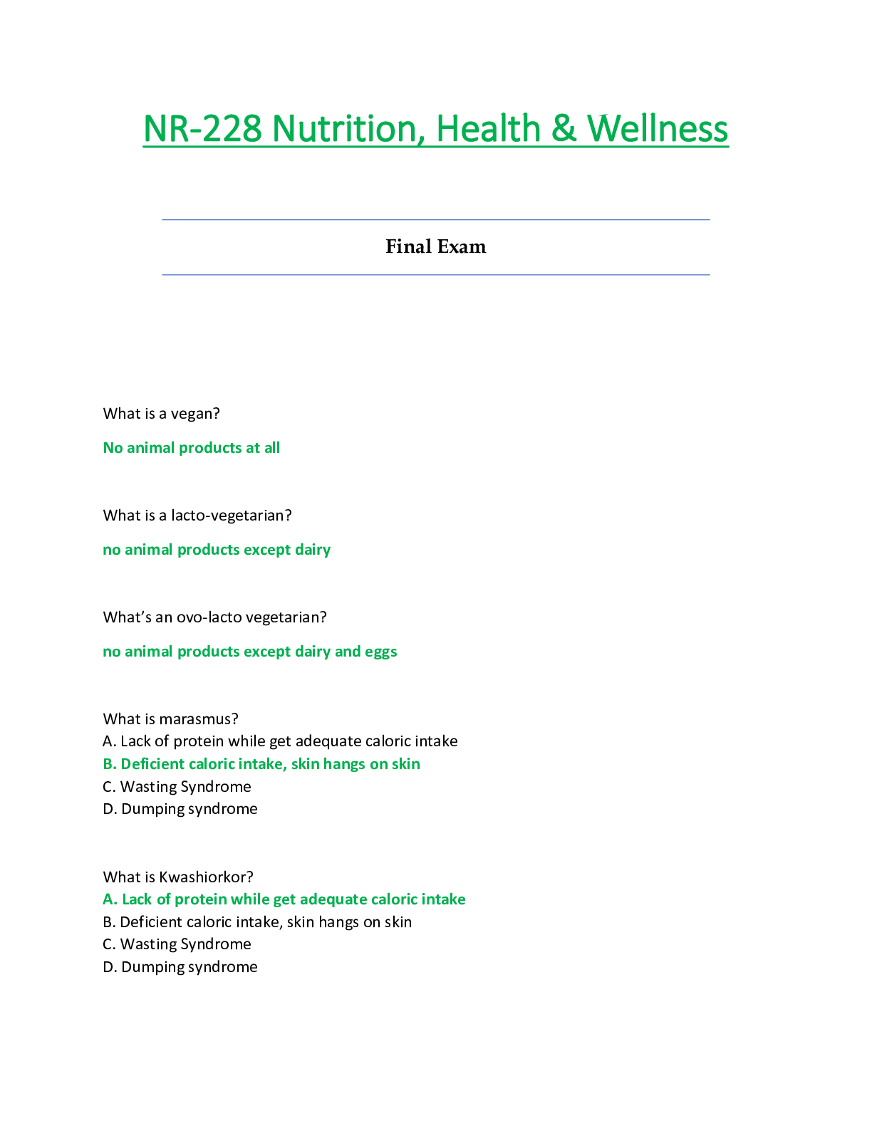 Preview of NR228 / NR-228 Final Exam  : Nutrition, Health & Wellness - Chamberlain